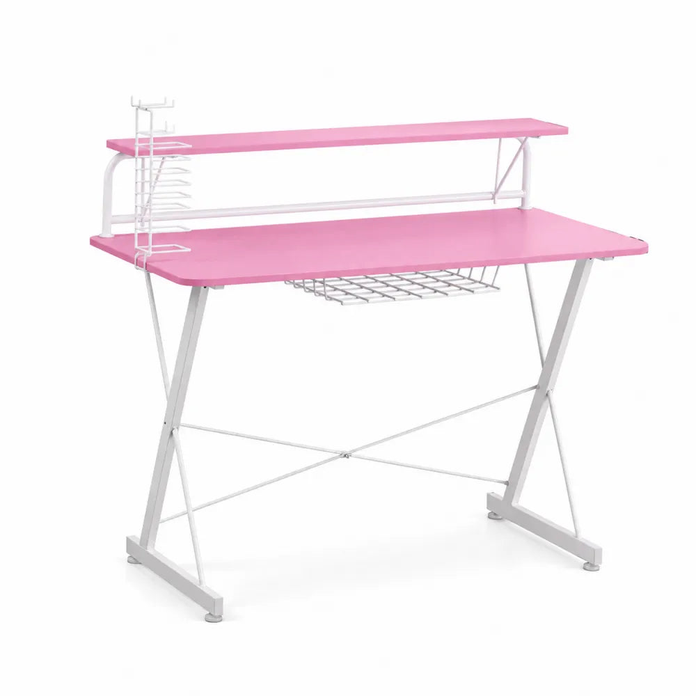 Schreibtisch mit Regal aus MDF und Metall, Rosa, 120x55x75cm
