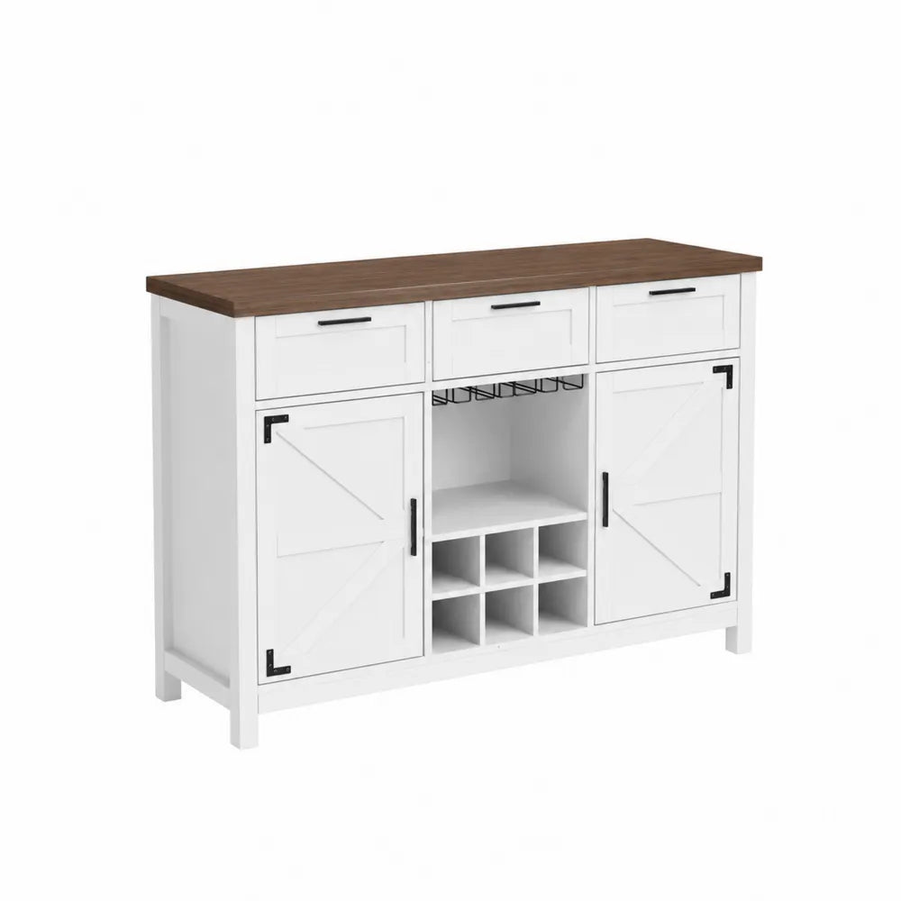 Sideboard MDF Weiß mit Eichenholzplatte und Weingestell