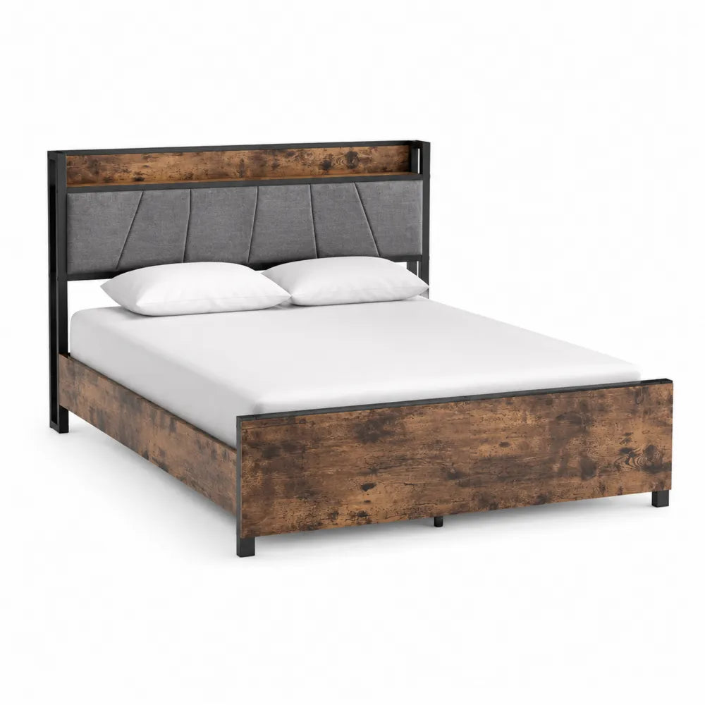 Doppelbett mit Holz- und Metallrahmen in Braun und Grau